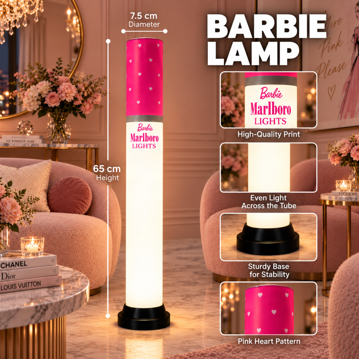 Pink Glam Tube Lamp โ 65 cm