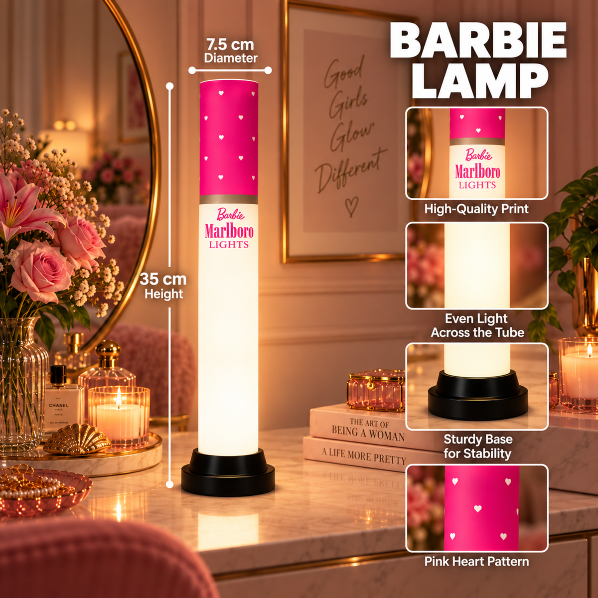 Pink Glam Tube Lamp โ 35 cm