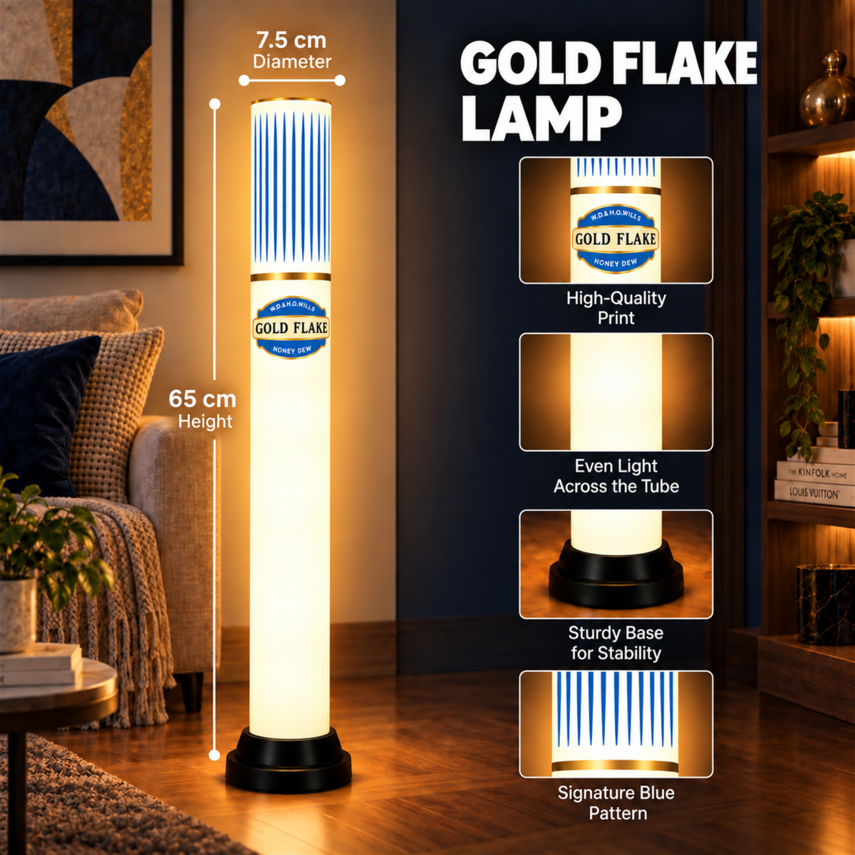 Gold Flake Blue Tube Lamp - 65 cm