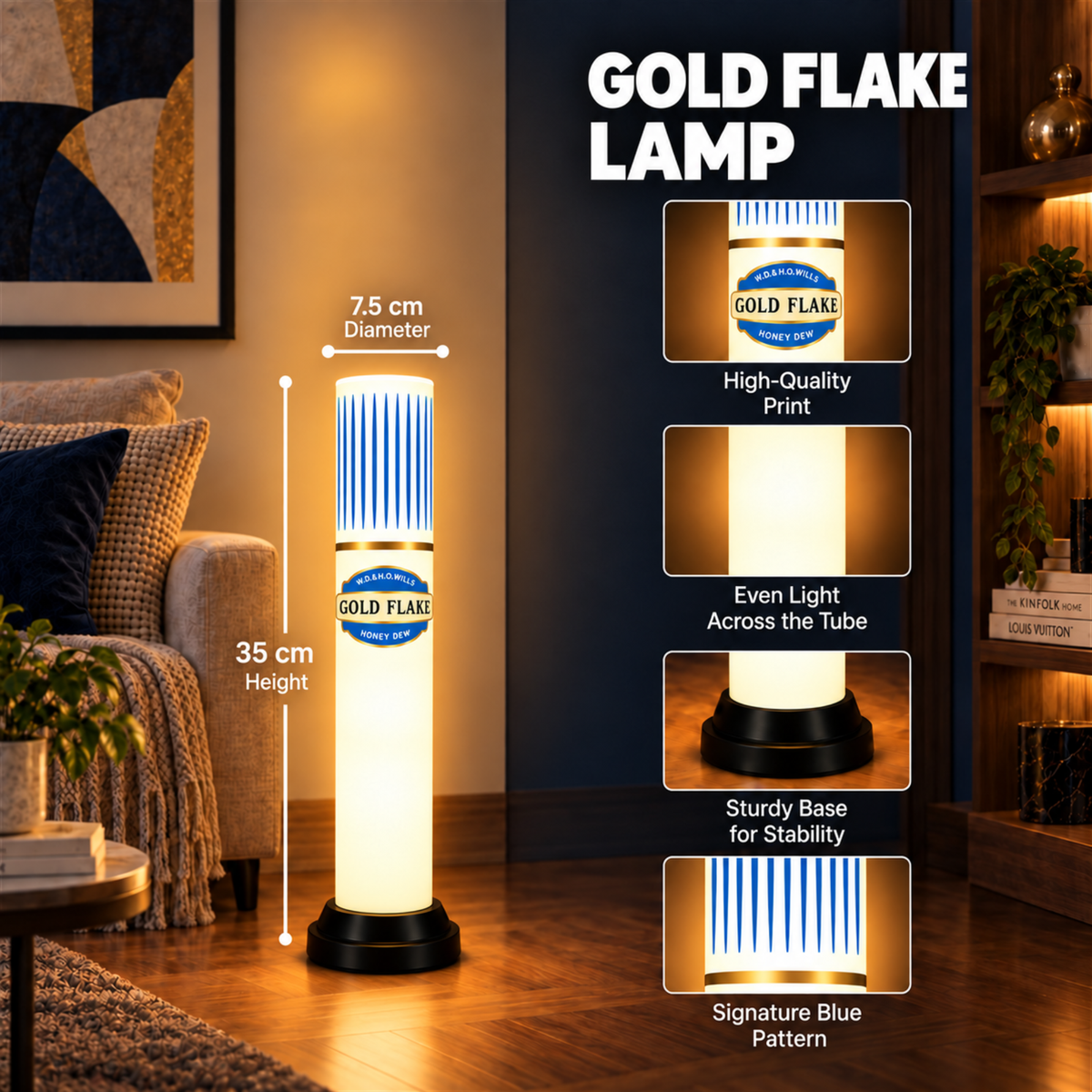 Gold Flake Blue Tube Lamp -35 cm